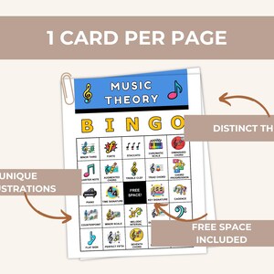 May include: Music Theory Bingo card with unique illustrations and a distinct theme. The card includes musical terms and symbols, with a free space. The text "MUSIC THEORY BINGO" is at the top.