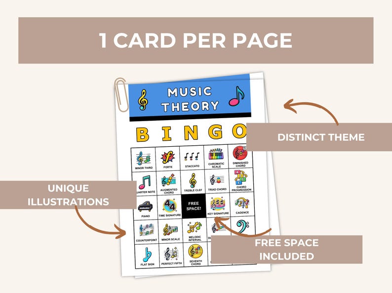 May include: Music Theory Bingo card with unique illustrations and a distinct theme. The card includes musical terms and symbols, with a free space. The text "MUSIC THEORY BINGO" is at the top.