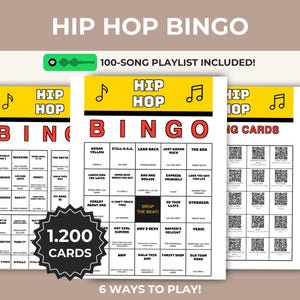 May include: Hip Hop Bingo game set featuring a yellow header with musical notes, a red BINGO title, and a grid of song titles. Includes a 100-song playlist, 1,200 cards, and QR codes for scanning. The design includes a black center square labeled DROP THE BEAT!