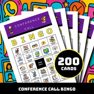 Könnte beinhalten: "Konferenz-Call-Bingo"-Karten mit einem lila Header und einem Raster von Anruf-bezogenen Symbolen. Die Karten sind von einem farbenfrohen Hintergrund aus Sprechblasen und Personen umgeben. Das Bild enthält den Text "200 Karten".