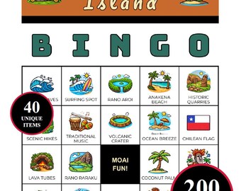 Osterinsel Bingo Spiel - 200 Karten zum Ausdrucken mit 40 Momenten | Geographie lernen für Klassenzimmer, Homeschool, Familienspaß, Weltreisestudie