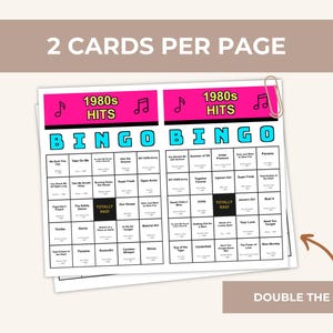 May include: Two bingo cards with a retro 1980s theme. The cards feature the text "1980s HITS" in pink and the word "BINGO" in blue. Each card has a grid of squares with song titles from the 1980s. The text "TOTALLY RAD!" is also visible.