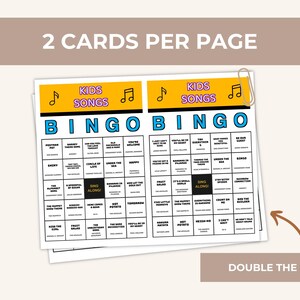 Puede incluir: Dos tarjetas de Bingo de canciones infantiles por p&aacute;gina, sujetas con un clip plateado. Las tarjetas tienen un encabezado amarillo con notas musicales y las palabras "KIDS SONGS" en azul. Las tarjetas de bingo tienen una cuadr&iacute;cula de t&iacute;tulos de canciones.