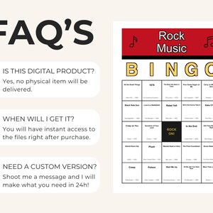 Puede incluir: Una tarjeta de juego de Bingo de Rock Music digital con un encabezado rojo con notas musicales, la palabra BINGO en amarillo y una cuadr&iacute;cula de t&iacute;tulos de canciones y artistas. La secci&oacute;n de preguntas frecuentes detalla el producto digital.