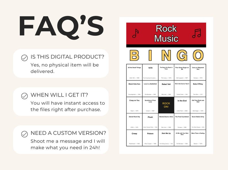 Puede incluir: Una tarjeta de juego de Bingo de Rock Music digital con un encabezado rojo con notas musicales, la palabra BINGO en amarillo y una cuadr&iacute;cula de t&iacute;tulos de canciones y artistas. La secci&oacute;n de preguntas frecuentes detalla el producto digital.