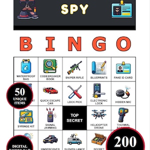 May include: Spy-themed bingo game with illustrations of spy gadgets and tools. The game includes 50 unique items and 200 cards. The game features a digital download option. The word "SPY" is at the top of the image.