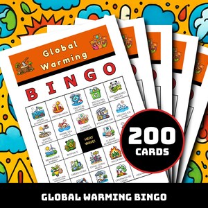 May include: A stack of Global Warming Bingo cards with a colorful illustrated background. The cards feature various climate change-related icons and the text "Global Warming Bingo." A black circle displays "200 cards."