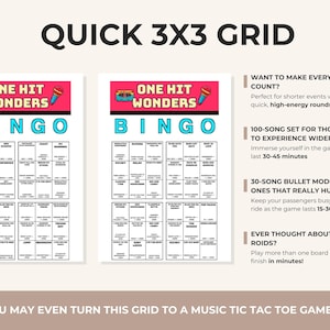 Puede incluir: Dos tarjetas de bingo "One Hit Wonders" con t&iacute;tulos de canciones en una cuadr&iacute;cula, bajo el t&iacute;tulo "Quick 3x3 Grid". El texto de la derecha describe los modos de juego. El juego est&aacute; dise&ntilde;ado para rondas r&aacute;pidas y juego m&aacute;s largo.