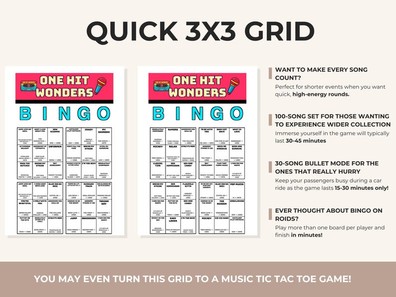 Puede incluir: Dos tarjetas de bingo "One Hit Wonders" con t&iacute;tulos de canciones en una cuadr&iacute;cula, bajo el t&iacute;tulo "Quick 3x3 Grid". El texto de la derecha describe los modos de juego. El juego est&aacute; dise&ntilde;ado para rondas r&aacute;pidas y juego m&aacute;s largo.