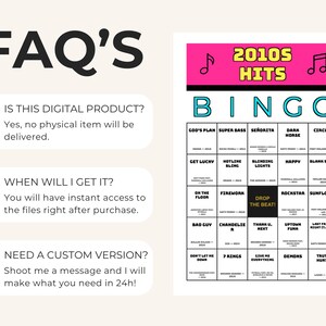 Puede incluir: Una tarjeta de juego de Bingo 2010s Hits digital con un encabezado rosa con notas musicales, la palabra BINGO en azul y una cuadr&iacute;cula de t&iacute;tulos de canciones y artistas. La secci&oacute;n de preguntas frecuentes detalla la entrega digital.