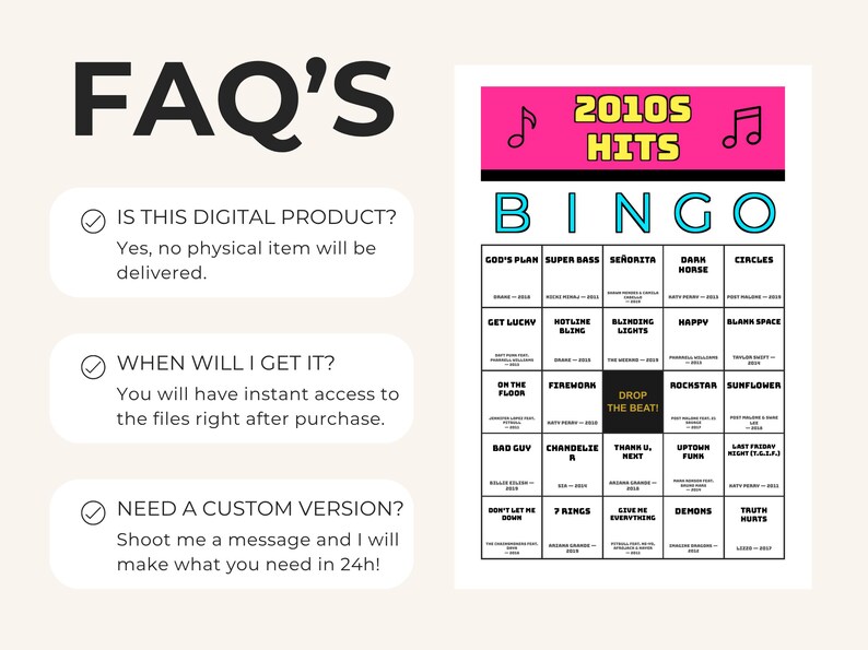 Puede incluir: Una tarjeta de juego de Bingo 2010s Hits digital con un encabezado rosa con notas musicales, la palabra BINGO en azul y una cuadr&iacute;cula de t&iacute;tulos de canciones y artistas. La secci&oacute;n de preguntas frecuentes detalla la entrega digital.