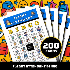以下が含まれることがあります： カラフルなイラストと「Flight Attendant Bingo」の文字が入った、客室乗務員ビンゴカードのセットです。カードには様々な旅行関連の状況が描かれており、「200 Cards」と表示されています。