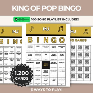 May include: King of Pop Bingo game set featuring three white cards with gold headers, musical note icons, and the text MJ. The cards include song titles, release years, and QR codes. A black starburst badge displays 1.200 CARDS and 6 WAYS TO PLAY.