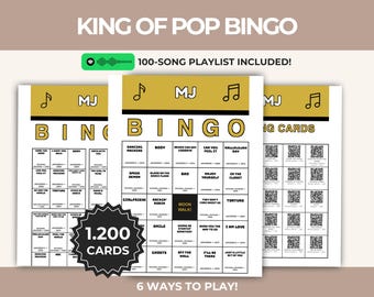 Gioco di bingo stampabile a tema King of Pop, playlist Thriller, divertente attività di karaoke, download immediato, PDF digitale, codici QR, karaoke