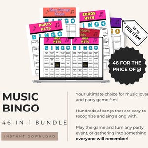 May include: A digital music bingo game bundle featuring multiple printable cards with themes like Pop Hits, 2000s Hits, and Sing-Alongs. The display shows a laptop screen with bingo grids, a black starburst graphic with text 46 FOR THE PRICE OF 5!, and a price tag.