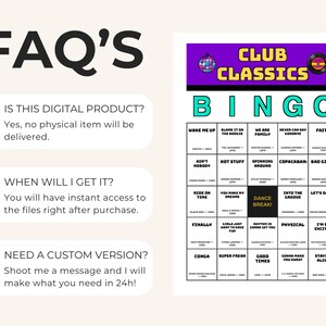 May include: A digital Club Classics Bingo game card featuring a purple header with a disco ball and vinyl record icon, followed by the word BINGO in teal letters. The grid contains song titles and artist names, with a central black Dance Break square.