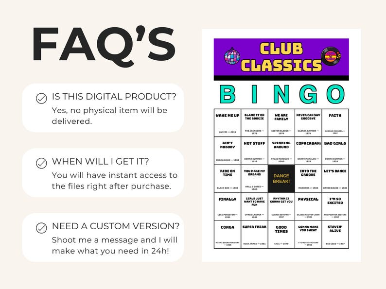 May include: A digital Club Classics Bingo game card featuring a purple header with a disco ball and vinyl record icon, followed by the word BINGO in teal letters. The grid contains song titles and artist names, with a central black Dance Break square.