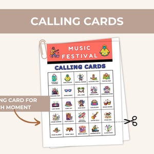 Peut inclure: Une feuille de &laquo; Cartes d'appel &raquo; pour un festival de musique, avec une grille d'ic&ocirc;nes illustr&eacute;es repr&eacute;sentant diverses activit&eacute;s du festival. La banni&egrave;re sup&eacute;rieure indique &laquo; Cartes d'appel du festival de musique &raquo;. Une attache parisienne maintient les cartes ensemble.
