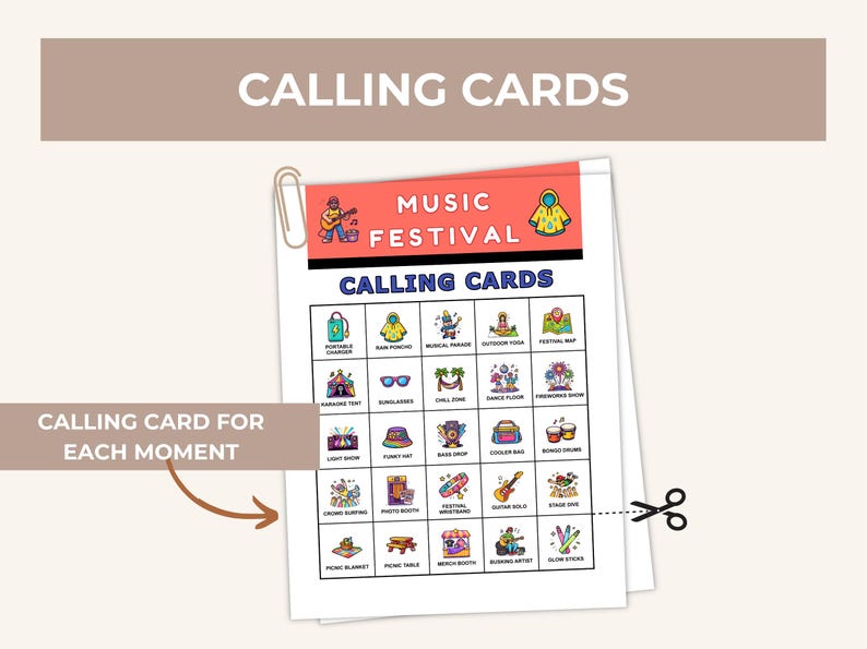 Peut inclure: Une feuille de &laquo; Cartes d'appel &raquo; pour un festival de musique, avec une grille d'ic&ocirc;nes illustr&eacute;es repr&eacute;sentant diverses activit&eacute;s du festival. La banni&egrave;re sup&eacute;rieure indique &laquo; Cartes d'appel du festival de musique &raquo;. Une attache parisienne maintient les cartes ensemble.