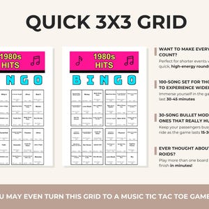 May include: A game board with the text "QUICK 3X3 GRID" at the top. Two bingo cards are displayed, each with a pink banner that reads "1980s HITS" and the word "BINGO" in blue. Additional text provides game details.