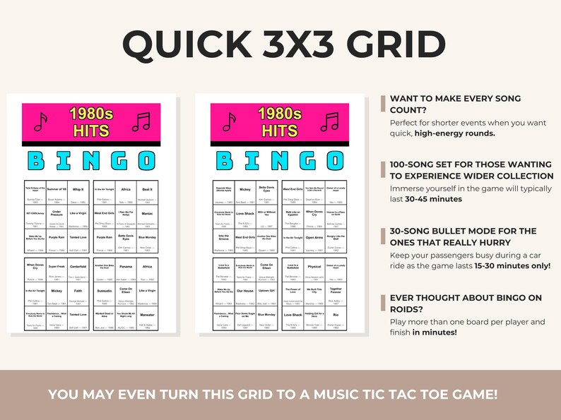 May include: A game board with the text "QUICK 3X3 GRID" at the top. Two bingo cards are displayed, each with a pink banner that reads "1980s HITS" and the word "BINGO" in blue. Additional text provides game details.