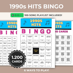 Pu&ograve; includere: Carte da gioco del bingo a tema anni '90. Le carte presentano il testo "1990s Hits Bingo" in un design colorato, con una playlist di 100 canzoni inclusa. Il gioco include 1.200 carte e 6 modi per giocare.