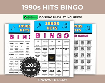 Jaren 90 hits muziek bingo afdrukbaar spel, throwback afspeellijst, nostalgische meezingactiviteit, direct downloaden, digitale pdf, QR-telefoonkaarten