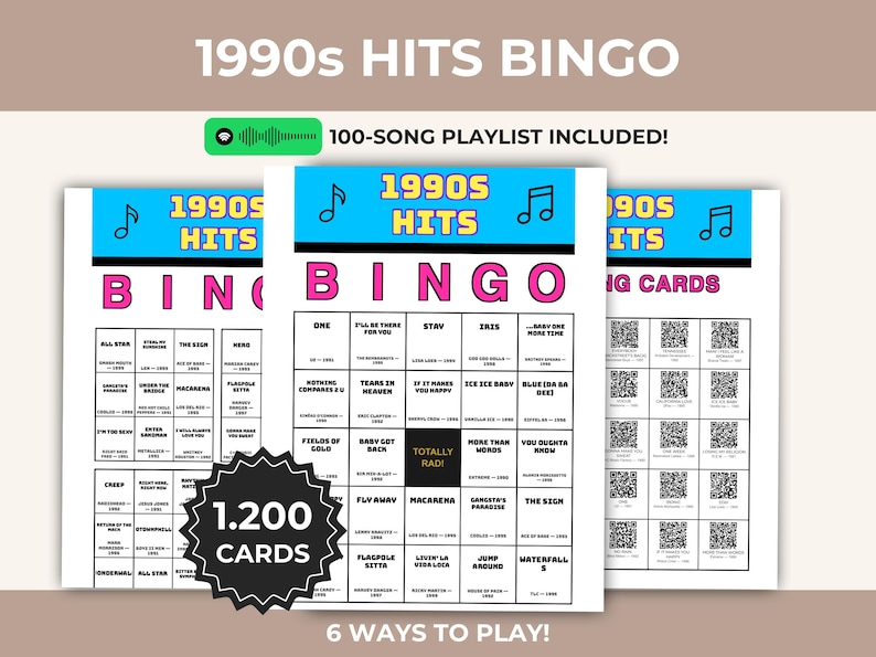 Pu&ograve; includere: Carte da gioco del bingo a tema anni '90. Le carte presentano il testo "1990s Hits Bingo" in un design colorato, con una playlist di 100 canzoni inclusa. Il gioco include 1.200 carte e 6 modi per giocare.