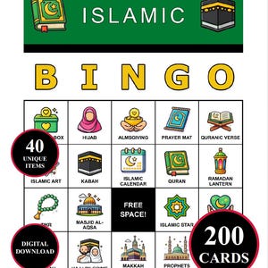 May include: An Islamic Bingo game with a green header that reads "ISLAMIC". The game board features illustrations of Islamic symbols and terms, including the Kabah, Quran, and Hijab. The game includes 40 unique items and 200 cards, available as a digital download.