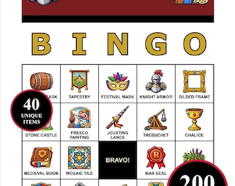 Renaissance Bingo Spiel - 200 druckbare Karten mit 40 künstlerischen Momenten | Geschichtslernen für Klassenzimmer, Hausschule, Familienspaß & Weltstudie