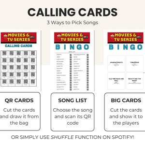 May include: A set of printable game sheets titled MOVIES & TV SERIES CALLING CARDS with three sections: QR CARDS with scannable codes, a BINGO SONG LIST, and BIG CARDS featuring song titles like ARABIAN NIGHTS and BEAUTY AND THE BEAST. Includes instructions for cutting cards and using Spotify.