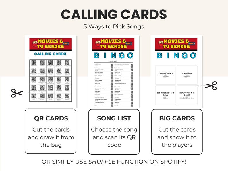May include: A set of printable game sheets titled MOVIES & TV SERIES CALLING CARDS with three sections: QR CARDS with scannable codes, a BINGO SONG LIST, and BIG CARDS featuring song titles like ARABIAN NIGHTS and BEAUTY AND THE BEAST. Includes instructions for cutting cards and using Spotify.