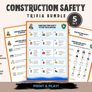 May include: A construction safety trivia bundle featuring five printable sheets with orange borders. The pages include text, icons, and multiple-choice questions about safety gear, equipment, and procedures, with a 5 in 1 circular badge.