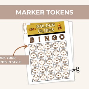 May include: A sheet of printable Golden Oldies Bingo marker tokens featuring a gold header with a gramophone icon. The grid contains twenty-five circular tokens with brown text. A brown arrow points to the grid, and a black scissor icon is present.