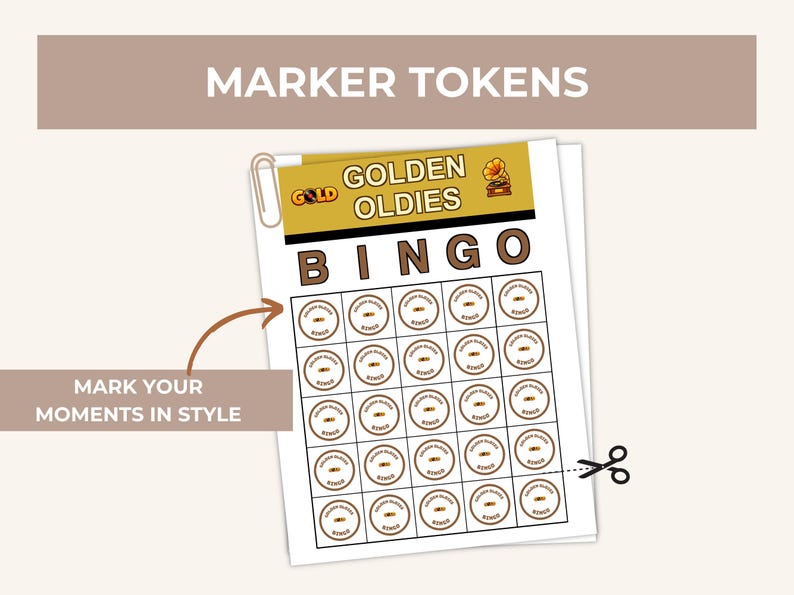 May include: A sheet of printable Golden Oldies Bingo marker tokens featuring a gold header with a gramophone icon. The grid contains twenty-five circular tokens with brown text. A brown arrow points to the grid, and a black scissor icon is present.