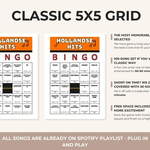 May include: Two white bingo cards with orange headers labeled HOLLANDSE HITS BINGO, featuring a 5x5 grid of song titles and a central MEEZINGER square. Text on the right details a 100-song set, 30-song set, and Spotify playlist integration.
