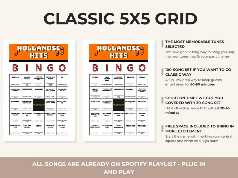 May include: Two white bingo cards with orange headers labeled HOLLANDSE HITS BINGO, featuring a 5x5 grid of song titles and a central MEEZINGER square. Text on the right details a 100-song set, 30-song set, and Spotify playlist integration.