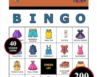 Kleidung über Zeit Bingo Spiel - 200 druckbare Karten mit 40 Fashion Moments | Geschichtslernen für Klasse, Hausschule, Familienspaß, Stilstudie