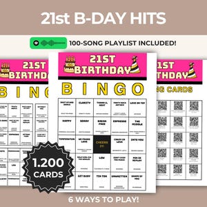 Può includere: Un set di gioco bingo per il 21° compleanno con carte bianche, testo nero, intestazioni gialle e accenti rosa. Le carte includono titoli di canzoni, una playlist di 100 brani e codici QR. Un grafico nero a forma di stella riporta 1.200 CARDS.