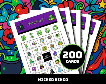Wicked Bingo Spiel – 200 Druckkarten mit 40 Oz-Style Moments | Musiktheater-Party für Klassenzimmer, Familienspaß, Broadway-Nacht & Fan PDF