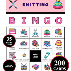 May include: A colorful "Knitting Bingo" game card with illustrations of knitting tools and items. The card includes the text "Knitting Bingo", "35 Unique Items", "Yarn Love!", "Digital Download", and "200 Cards".