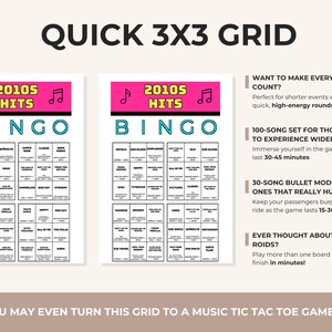 Puede incluir: Dos tarjetas de juego Bingo 2010s Hits con una cuadr&iacute;cula de 3x3 que contiene t&iacute;tulos de canciones y nombres de artistas. El encabezado es rosa con texto negro e iconos de notas musicales. A la derecha hay texto sobre el juego.