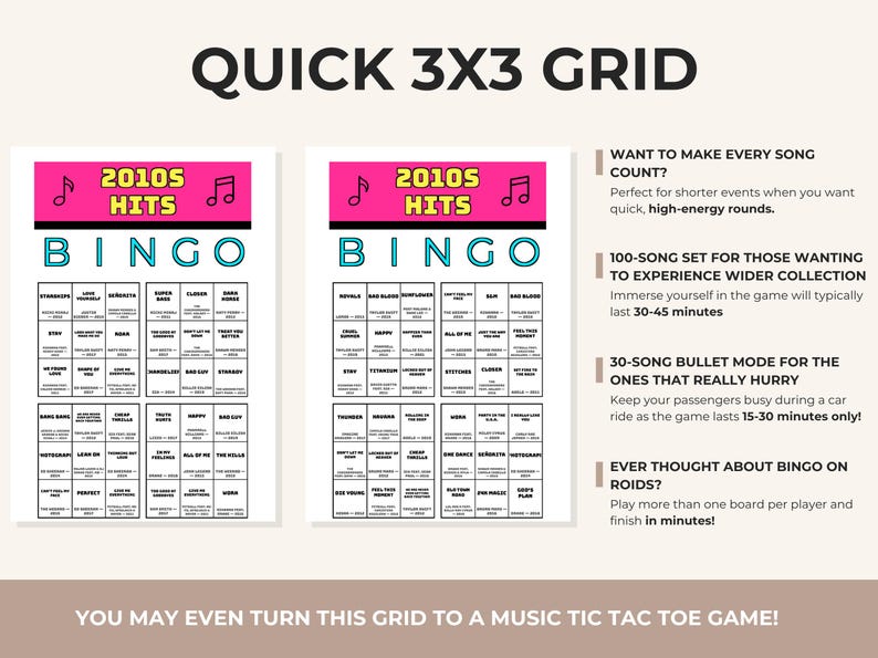 Puede incluir: Dos tarjetas de juego Bingo 2010s Hits con una cuadr&iacute;cula de 3x3 que contiene t&iacute;tulos de canciones y nombres de artistas. El encabezado es rosa con texto negro e iconos de notas musicales. A la derecha hay texto sobre el juego.