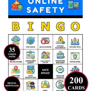 Puede incluir: Una tarjeta de juego Bingo de seguridad en línea con un encabezado azul con el texto Online Safety e iconos de un firewall y dispositivos. La cuadrícula contiene varios iconos y etiquetas sobre seguridad como VPN Usage y Ad Blockers.