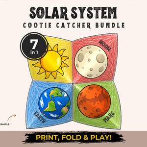 Könnte beinhalten: Ein Papier-Cootie-Catcher mit dem Text SOLAR SYSTEM COOTIE CATCHER BUNDLE, 7 in 1, und PRINT, FOLD & PLAY! Die vier Abschnitte sind mit Buntstiften ausgemalt und zeigen Illustrationen von Sonne, Mond, Erde und Mars mit entsprechenden Beschriftungen.