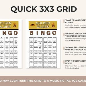May include: Two Golden Oldies Bingo game cards featuring a 3x3 grid of song titles and artists. The cards have a gold header with a gramophone icon and the text "GOLDEN OLDIES BINGO." The right side lists game variations and instructions.