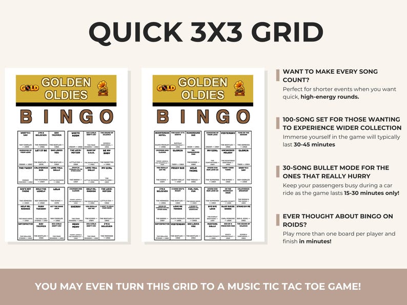 May include: Two Golden Oldies Bingo game cards featuring a 3x3 grid of song titles and artists. The cards have a gold header with a gramophone icon and the text "GOLDEN OLDIES BINGO." The right side lists game variations and instructions.