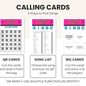 May include: A white card game with the text "CALLING CARDS" and "3 Ways to Pick Songs". The game includes QR cards, a song list, and big cards. The game is themed around dance hits music.