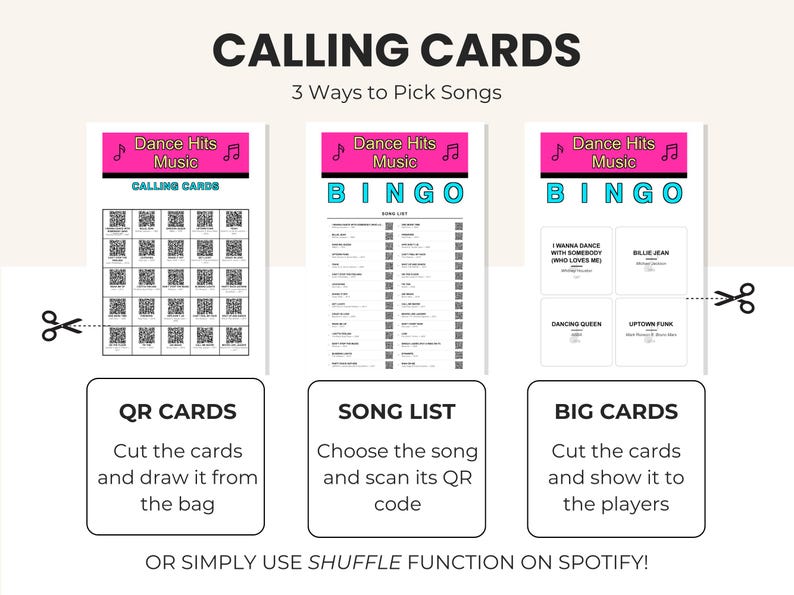 May include: A white card game with the text "CALLING CARDS" and "3 Ways to Pick Songs". The game includes QR cards, a song list, and big cards. The game is themed around dance hits music.