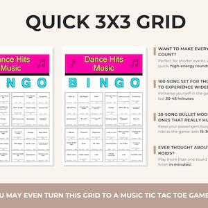 May include: A game board with the text "Dance Hits Music Bingo" in a pink and blue design. The board includes a 3x3 grid with song titles. Additional text describes game features and options.